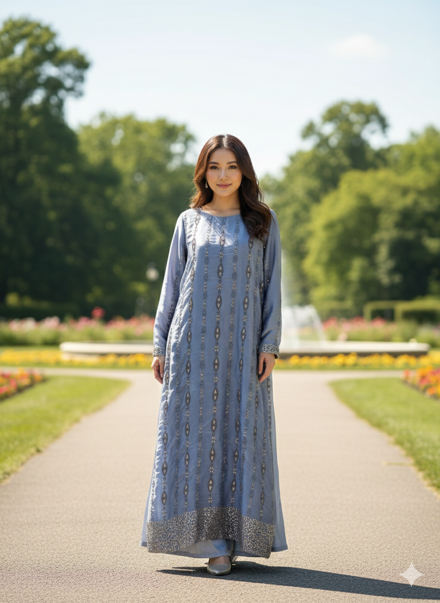 Nelofar A. Double Layered Kaftan with Heavy Embellishments