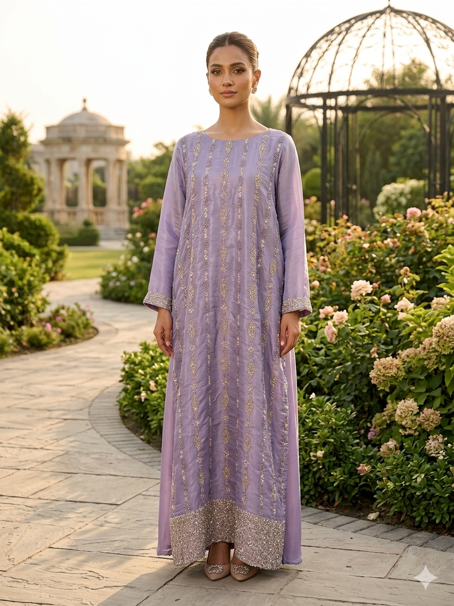 Nelofar A. Double Layered Kaftan with Heavy Embellishments