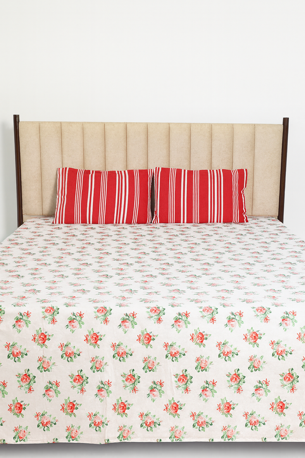 Floral Bedsheet with Striped Pillows