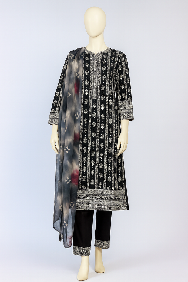 3 Piece Printed Cotton Suit - Sapphire