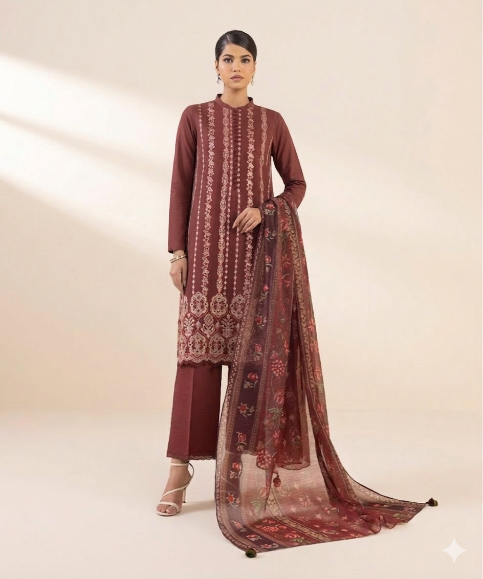 3 PIECE - EMBROIDERED RAW SILK SUIT
