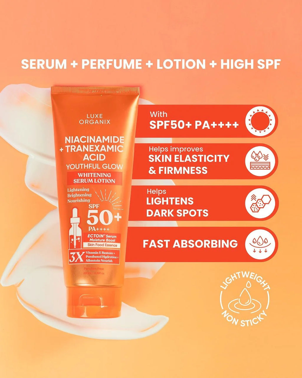 Luxe Organix - Niacinamide + TRANEXAMIC ACID Youthful Glow Whitening Serum Lotion SPF50 PA+ 200ml