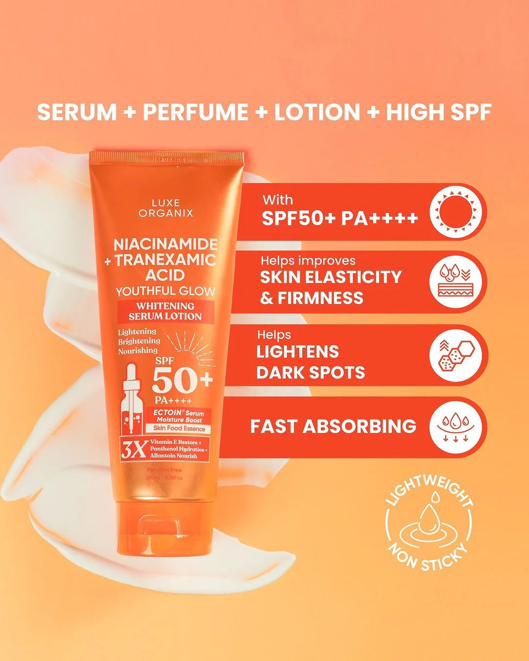 Luxe Organix - Niacinamide + TRANEXAMIC ACID Youthful Glow Whitening Serum Lotion SPF50 PA+ 200ml