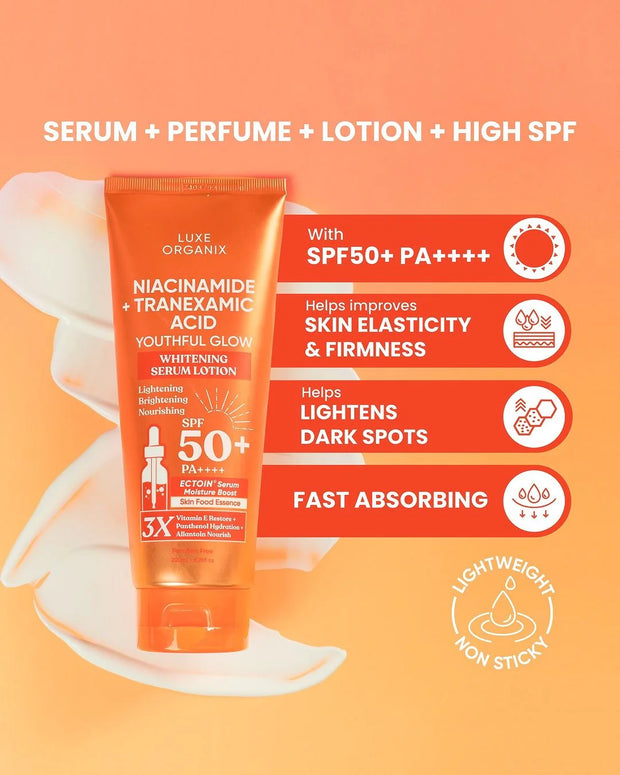 Luxe Organix - Niacinamide + TRANEXAMIC ACID Youthful Glow Whitening Serum Lotion SPF50 PA+ 200ml
