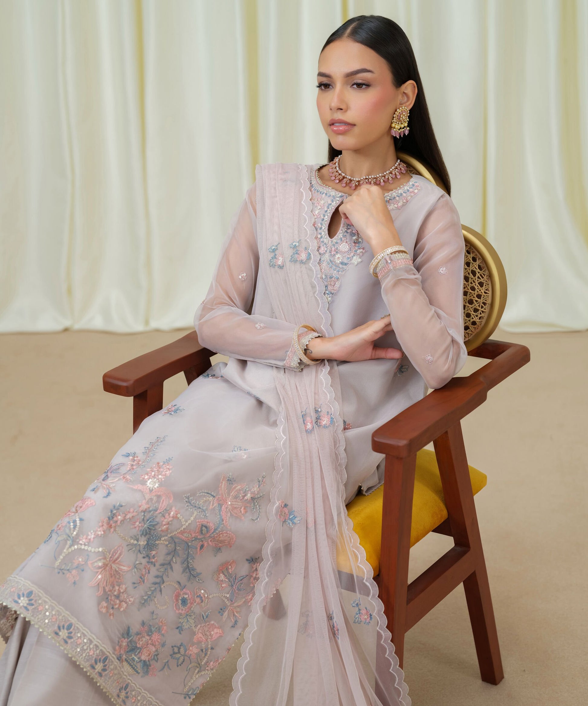 Sapphire Three Piece Embroidered Organza Suit