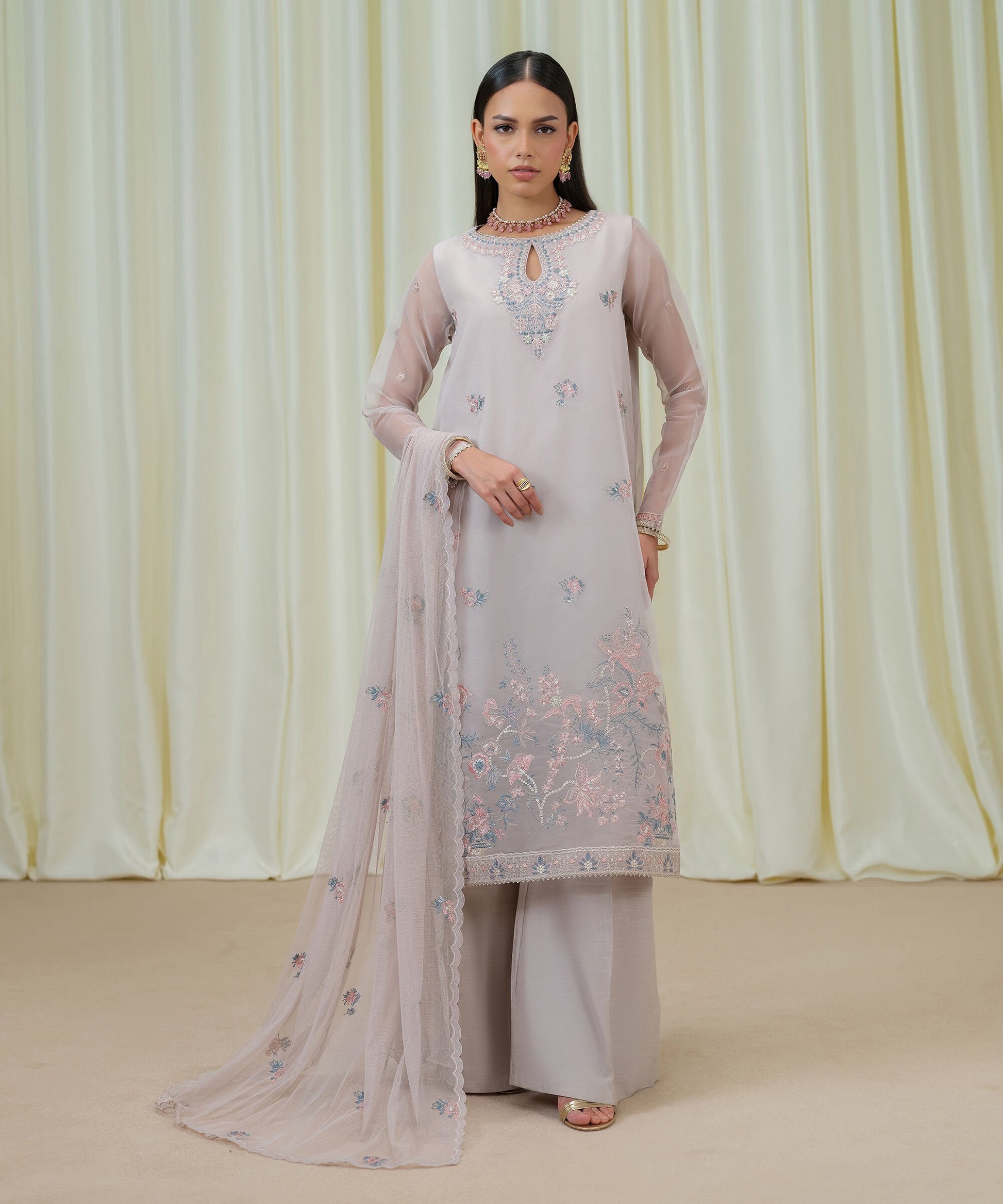 Sapphire Three Piece Embroidered Organza Suit