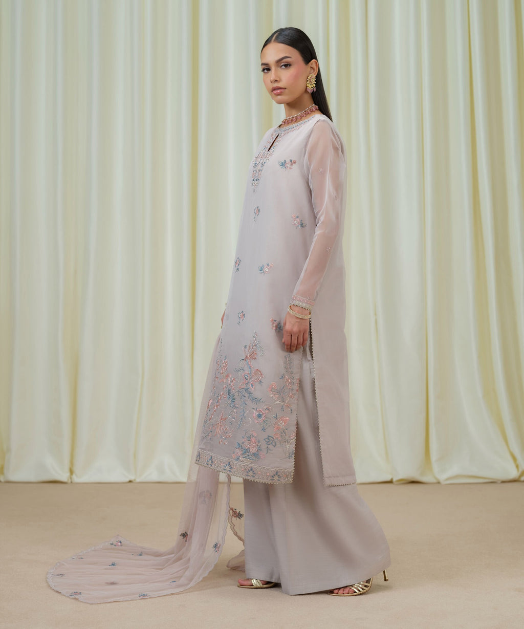 Sapphire Three Piece Embroidered Organza Suit
