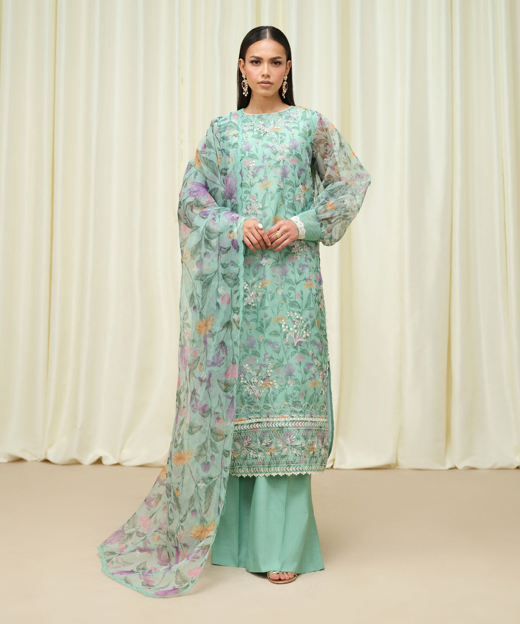Sapphire Three Piece Embroidered Organza Suit
