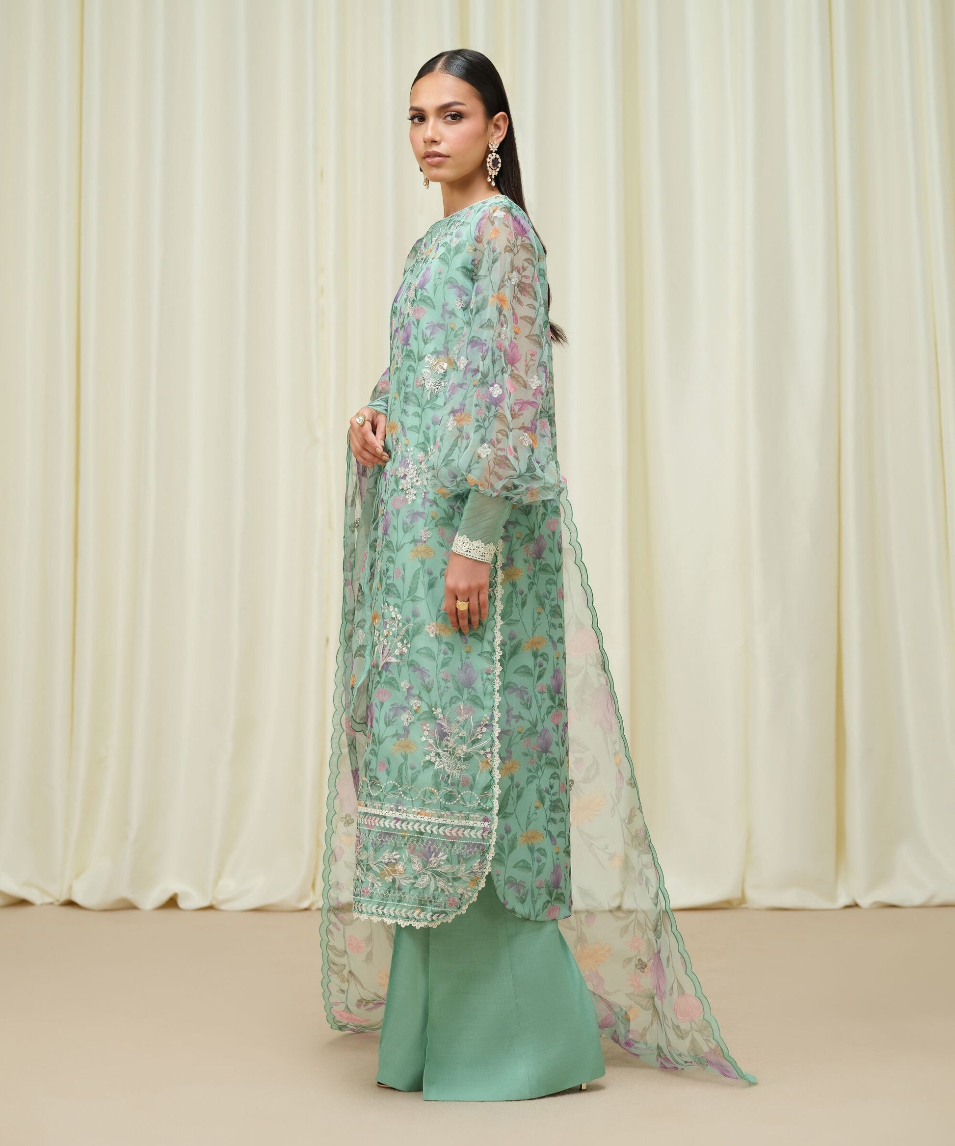 Sapphire Three Piece Embroidered Organza Suit