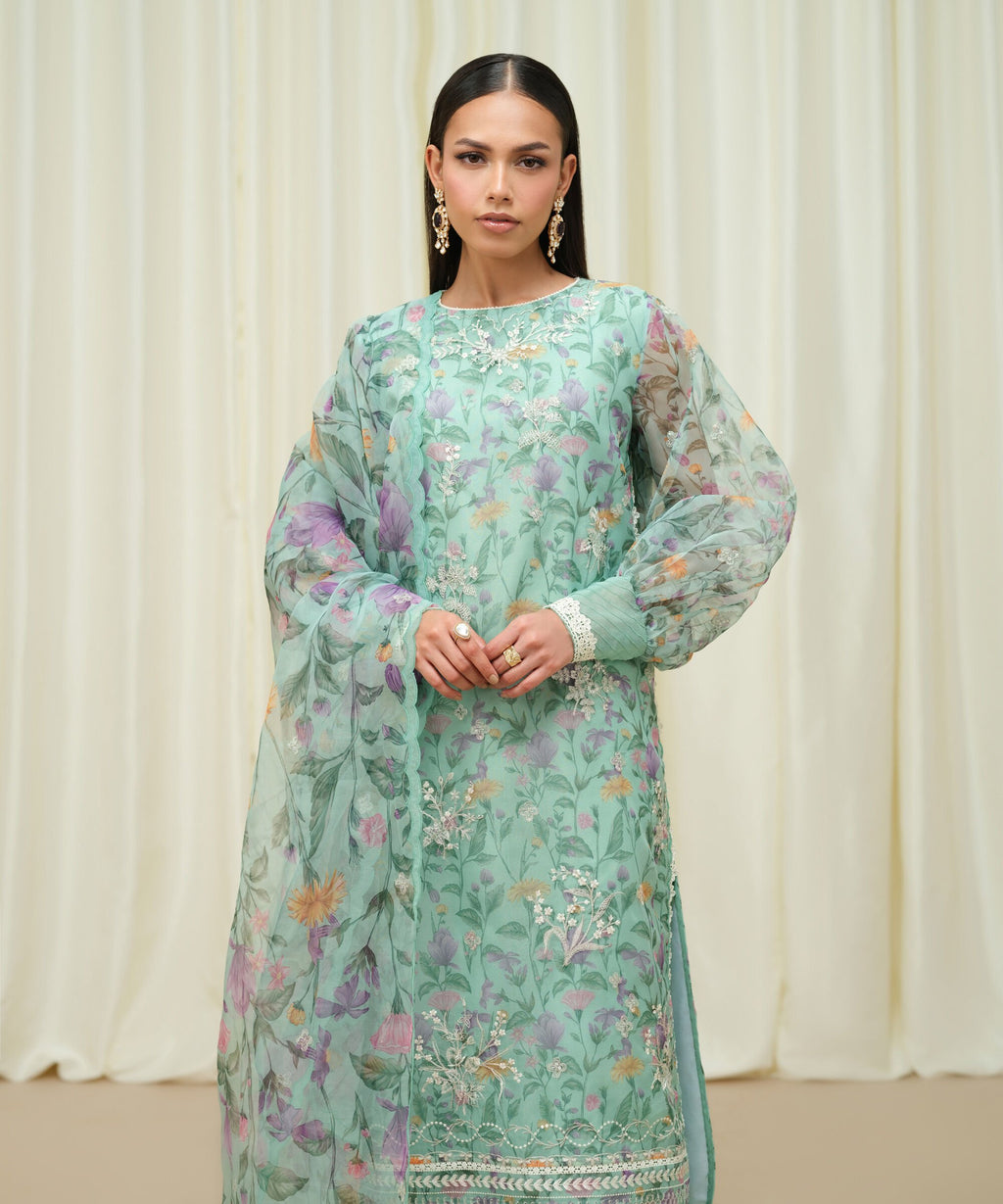 Sapphire Three Piece Embroidered Organza Suit