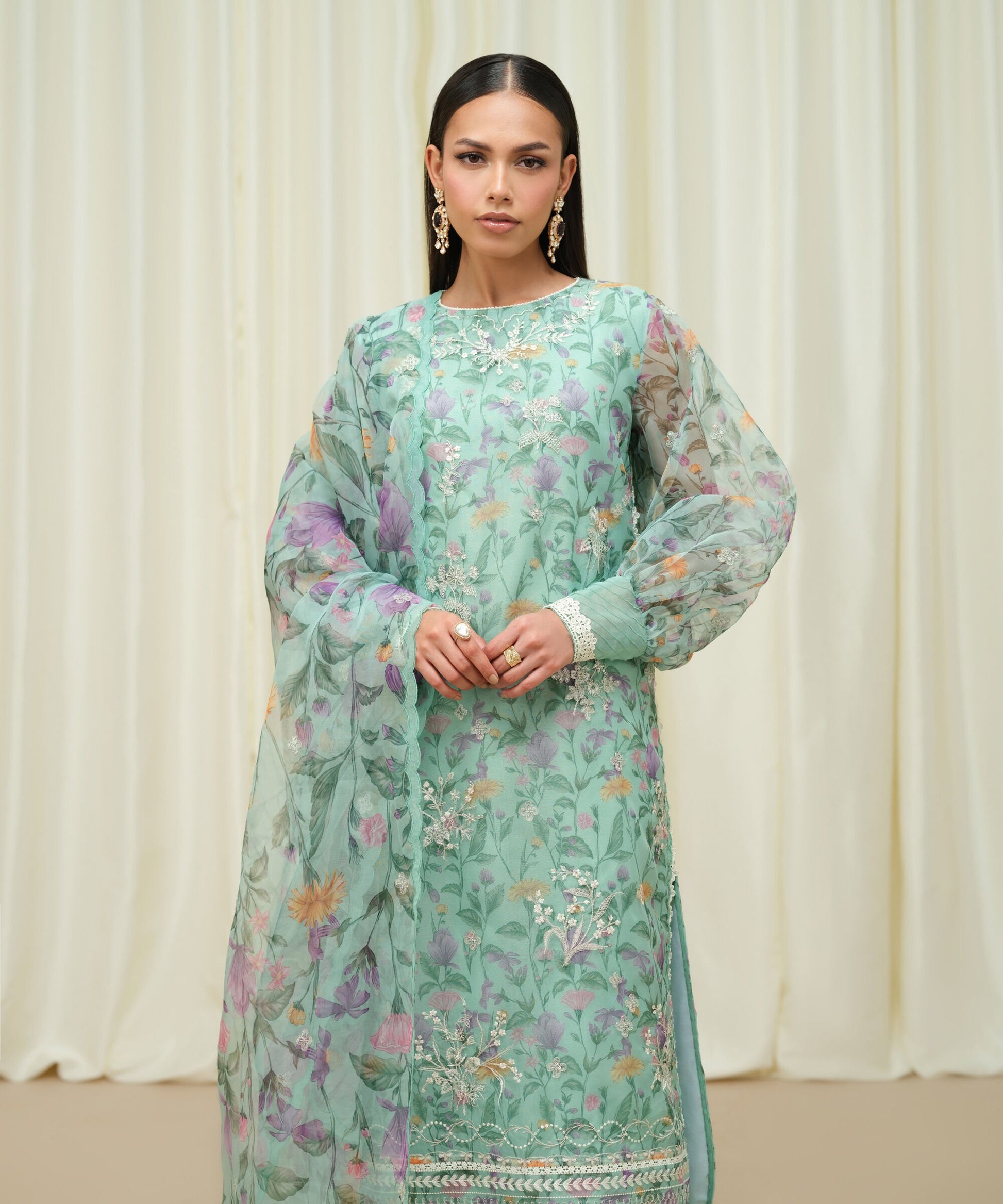 Sapphire Three Piece Embroidered Organza Suit