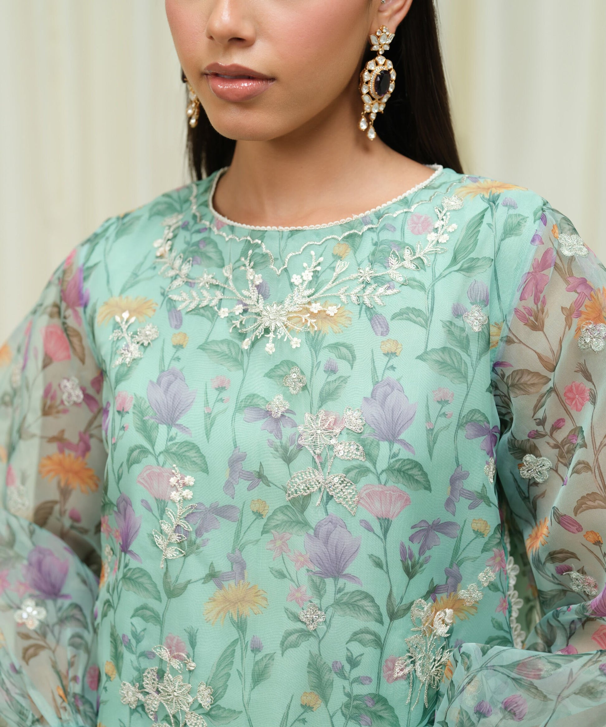 Sapphire Three Piece Embroidered Organza Suit