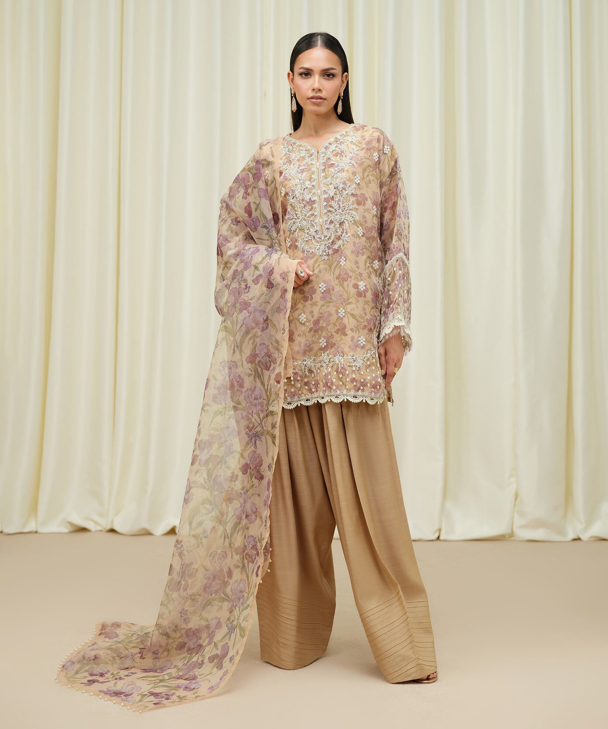 Sapphire Three Piece Embroidered Organza Suit