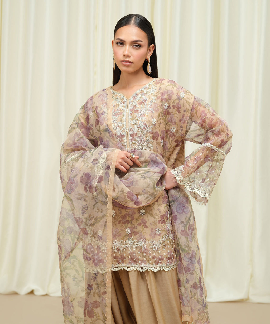 Sapphire Three Piece Embroidered Organza Suit