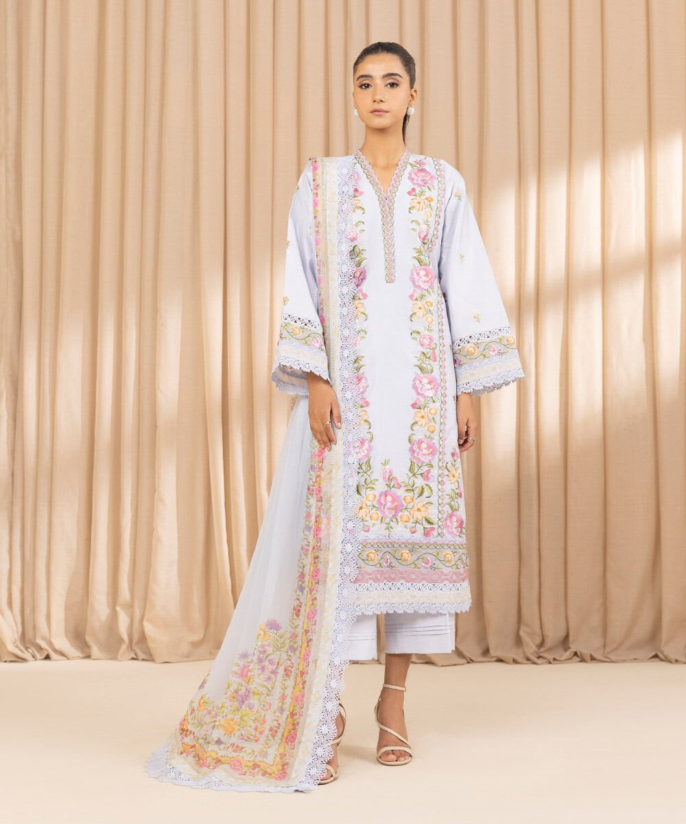 Sapphire Three Piece Embroidered Cotton Net Suit