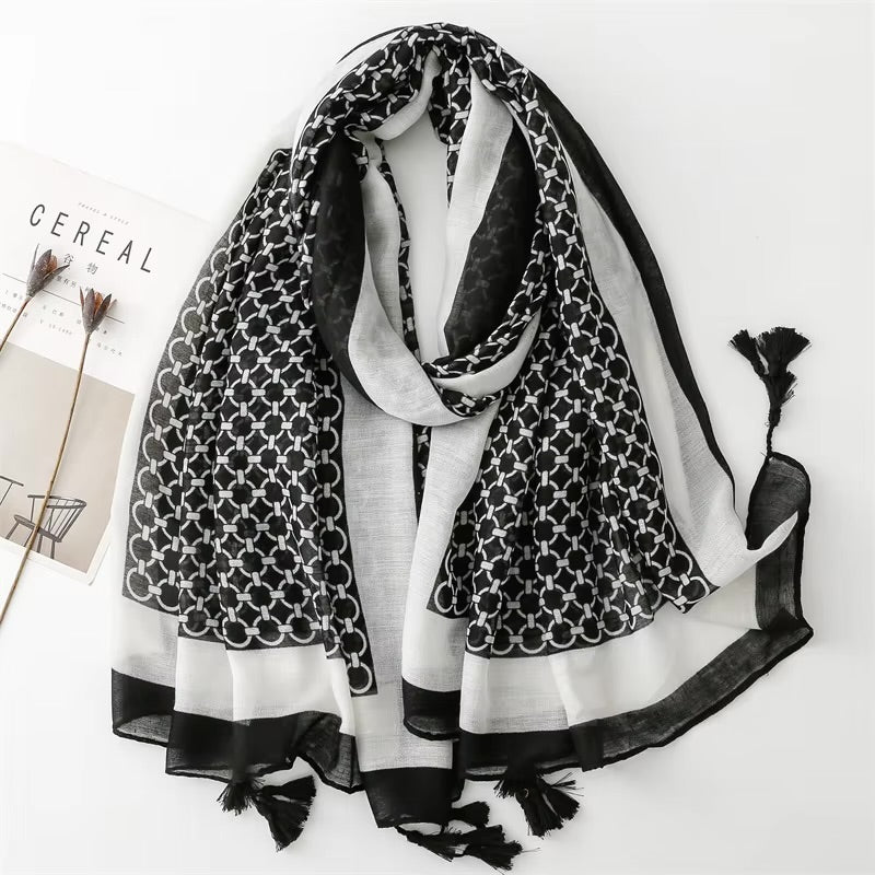 Black Geometry Cotton Viscose Scarf