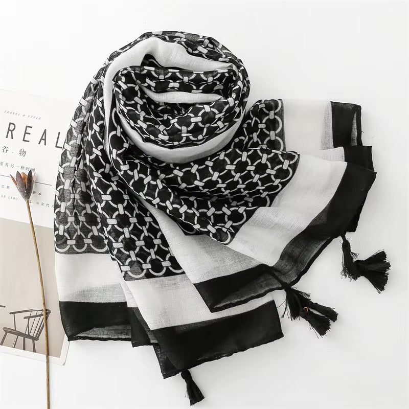 Black Geometry Cotton Viscose Scarf