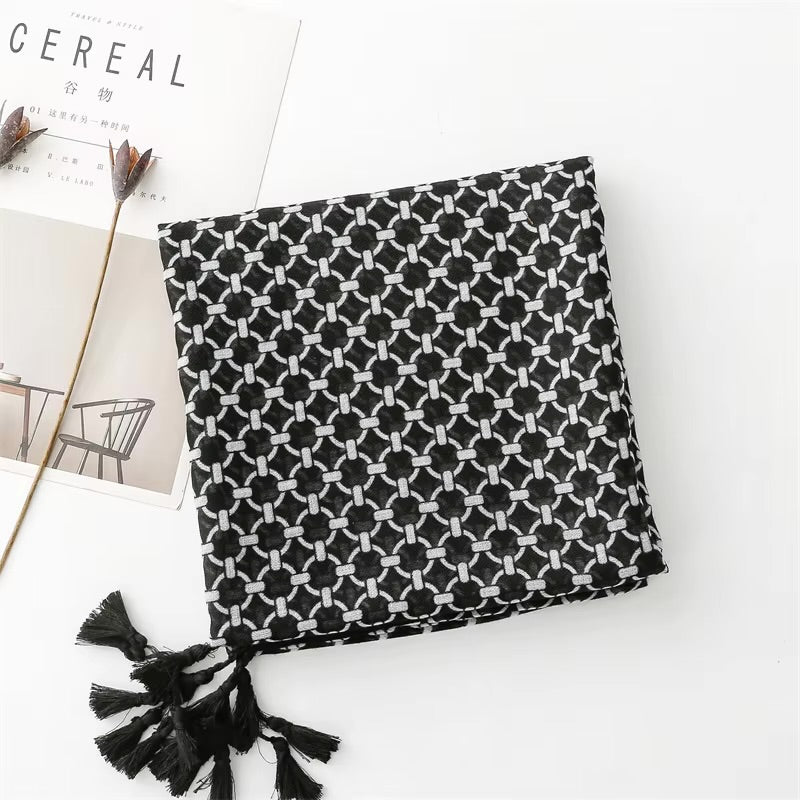 Black Geometry Cotton Viscose Scarf
