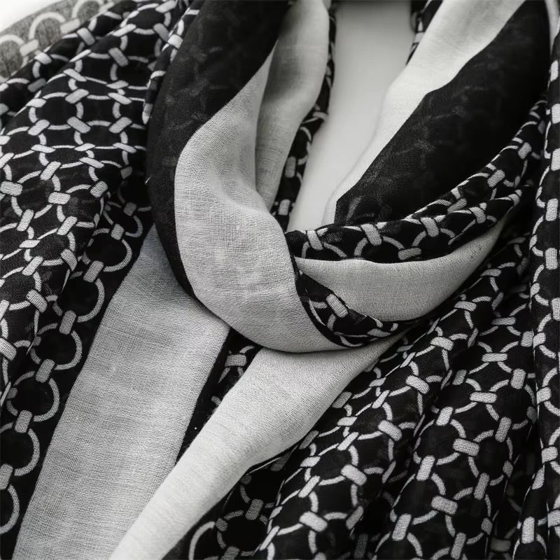 Black Geometry Cotton Viscose Scarf