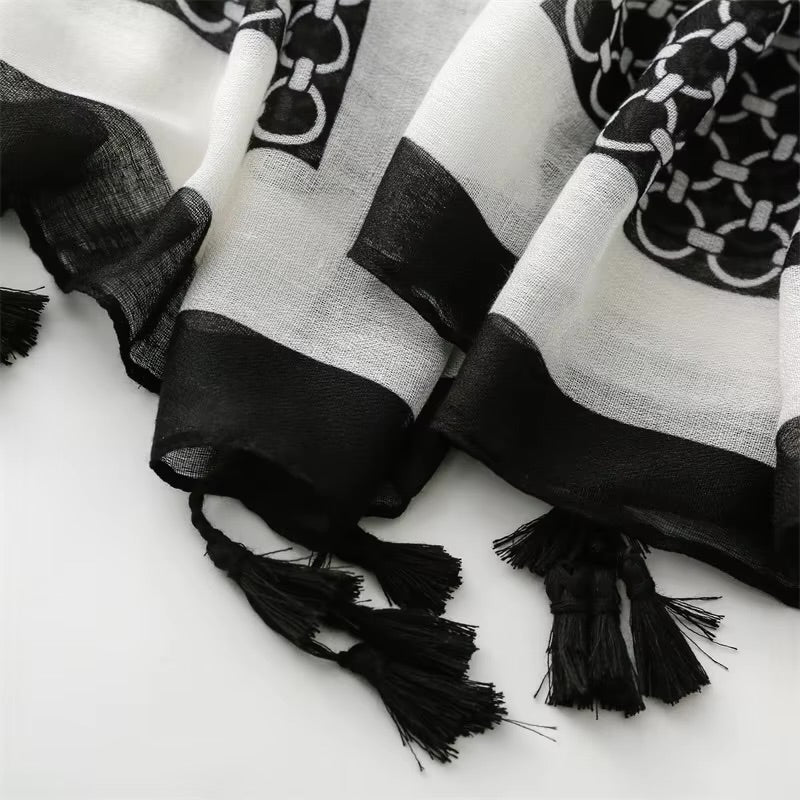 Black Geometry Cotton Viscose Scarf