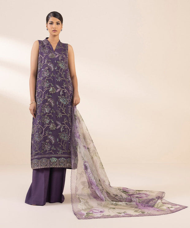 3 PIECE - EMBROIDERED ORGANZA SUIT - Sapphire