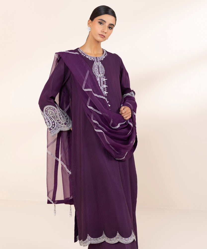 Sapphire 3 Piece Embroidered Raw Silk Suit