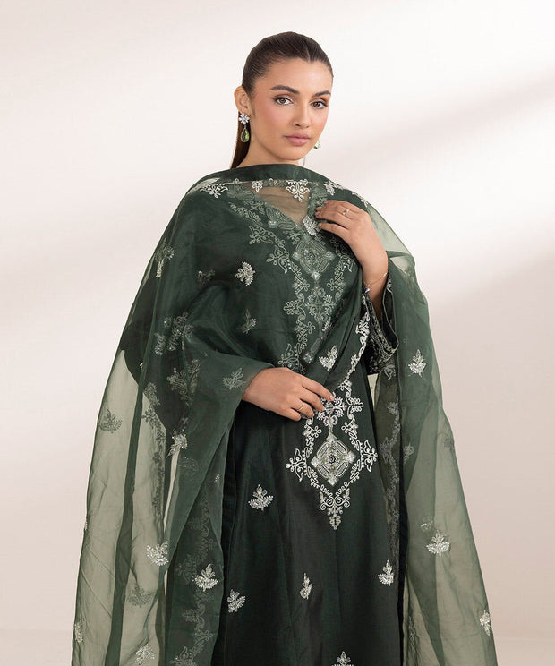 3 Piece Embroidered Raw Silk Suit - Sapphire