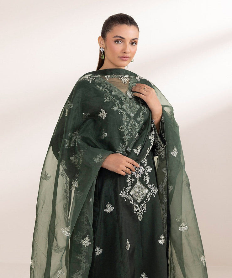 3 Piece Embroidered Raw Silk Suit - Sapphire