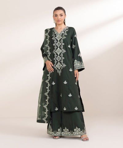 3 Piece Embroidered Raw Silk Suit - Sapphire