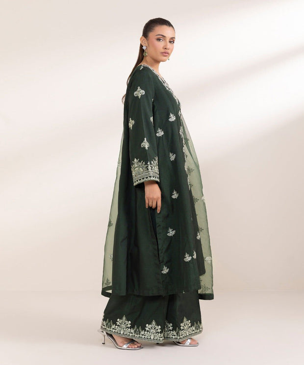 3 Piece Embroidered Raw Silk Suit - Sapphire