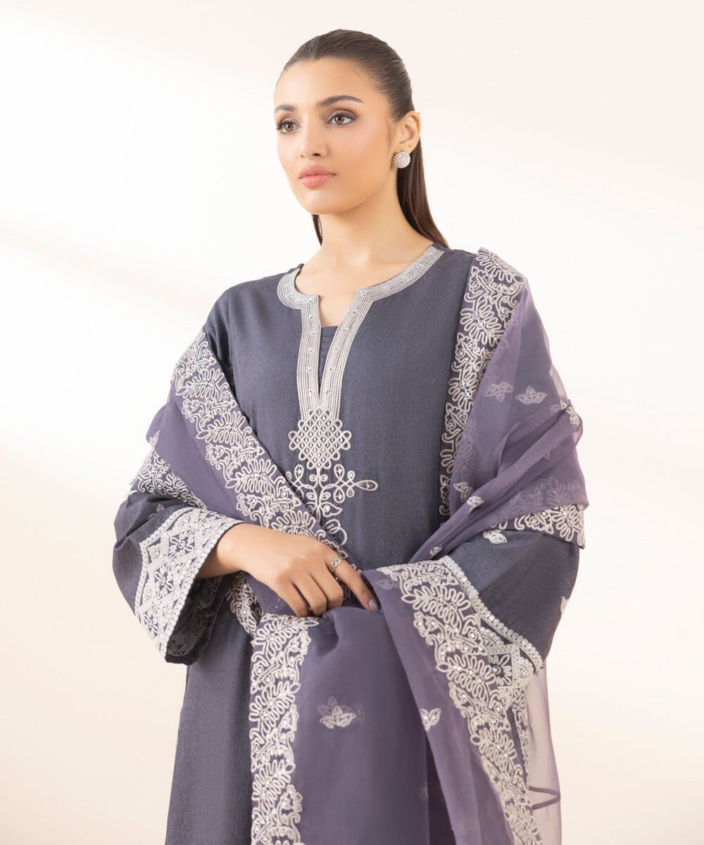 3 Piece Embroidered Raw Silk Suit