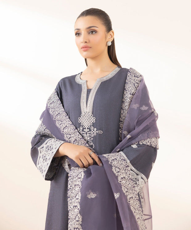 3 Piece Embroidered Raw Silk Suit - Sapphire