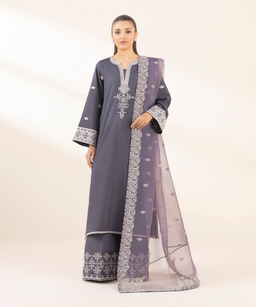 3 Piece Embroidered Raw Silk Suit