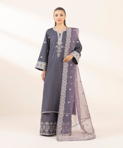 3 Piece Embroidered Raw Silk Suit - Sapphire