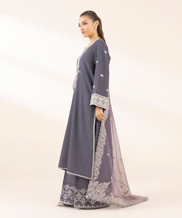 3 Piece Embroidered Raw Silk Suit - Sapphire