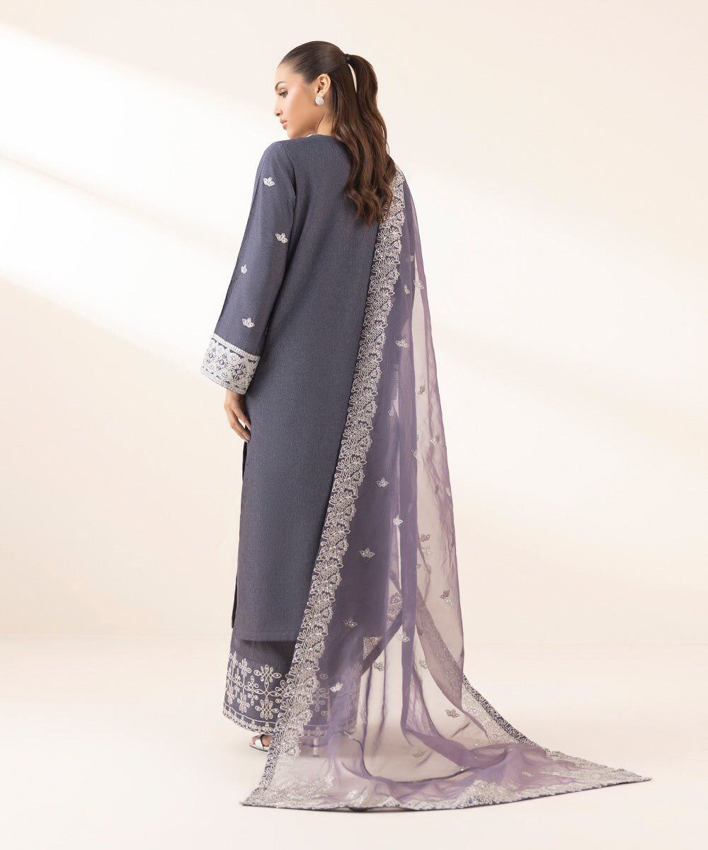 3 Piece Embroidered Raw Silk Suit