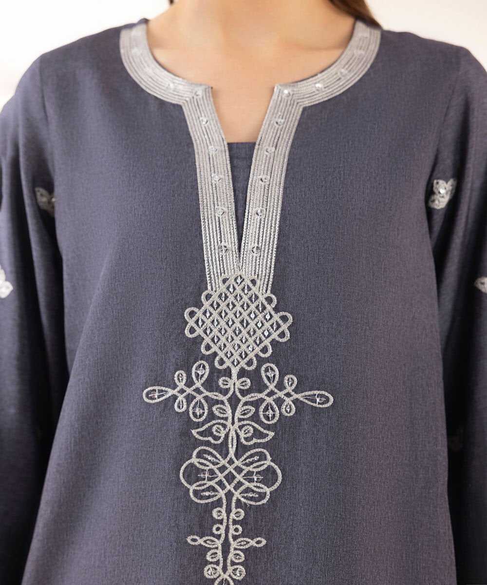 3 Piece Embroidered Raw Silk Suit